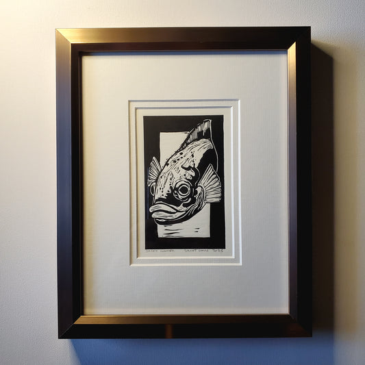 Framed Jacky Conner lino-cut print by Janet Davis- copper/bronze wooden frame.