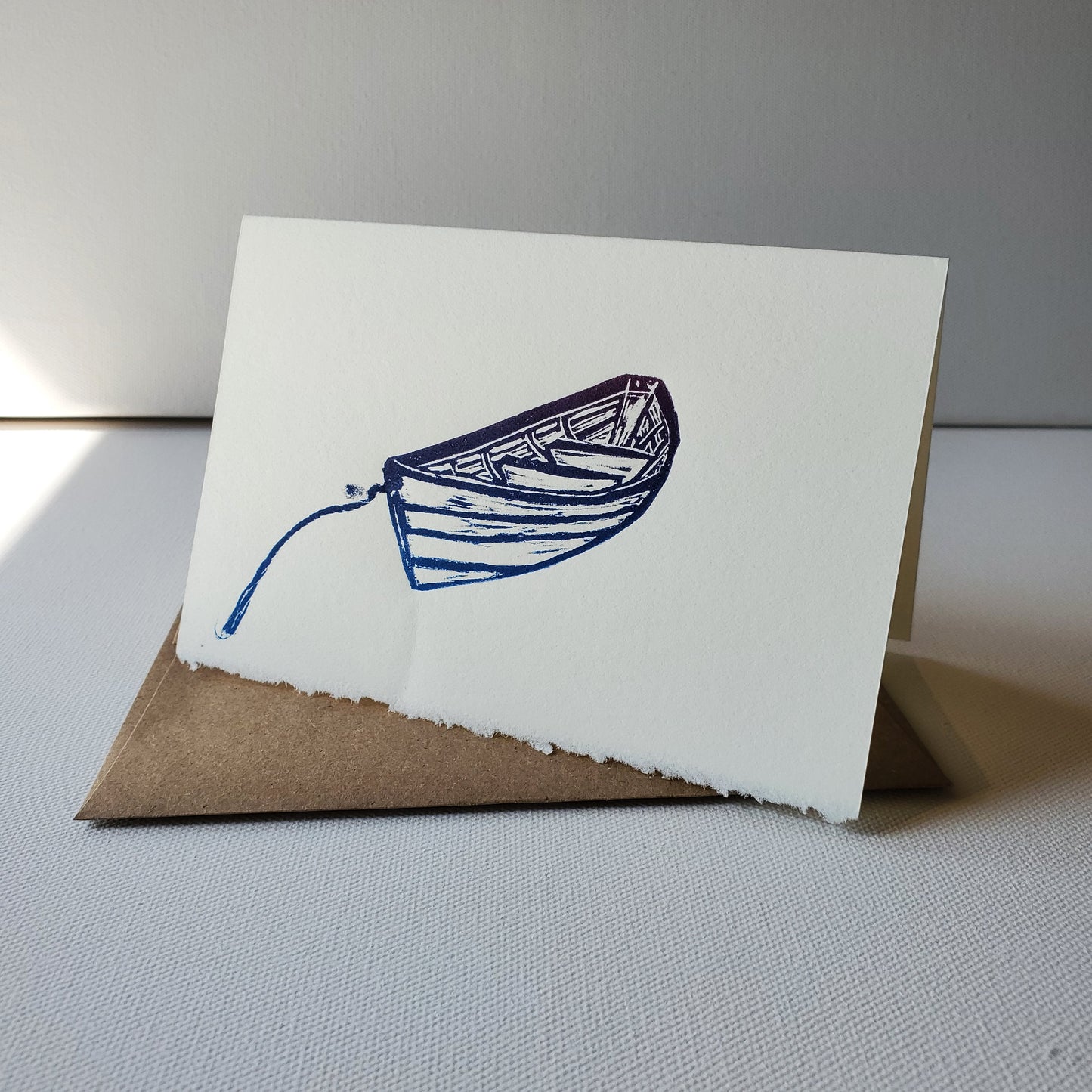 Norton's Cove Card Dory design in re-blue ink with Kraft envelope