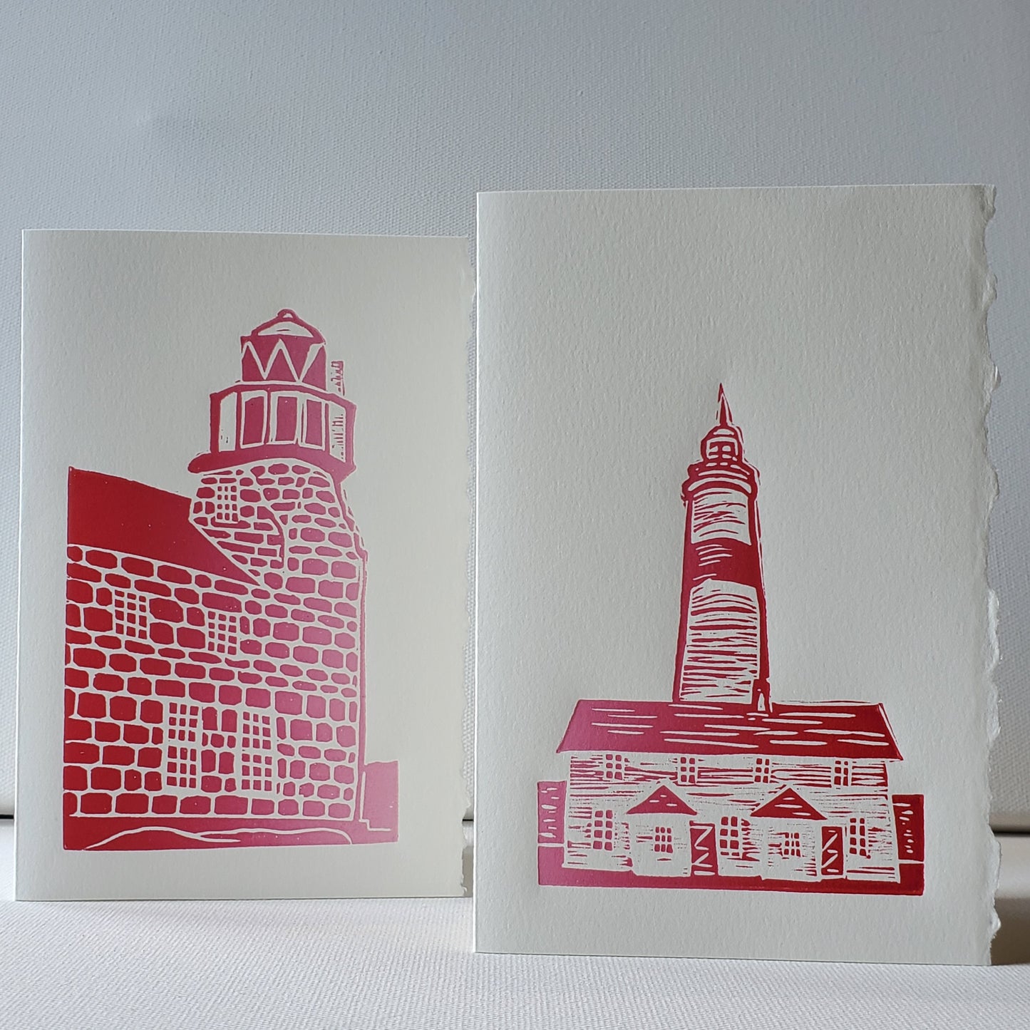Puffin Island (Greenspond) and Point Amour Lighthouse Norton's Cove Cards shown in Red ink option. Both measure 4x6" and make a great couple!