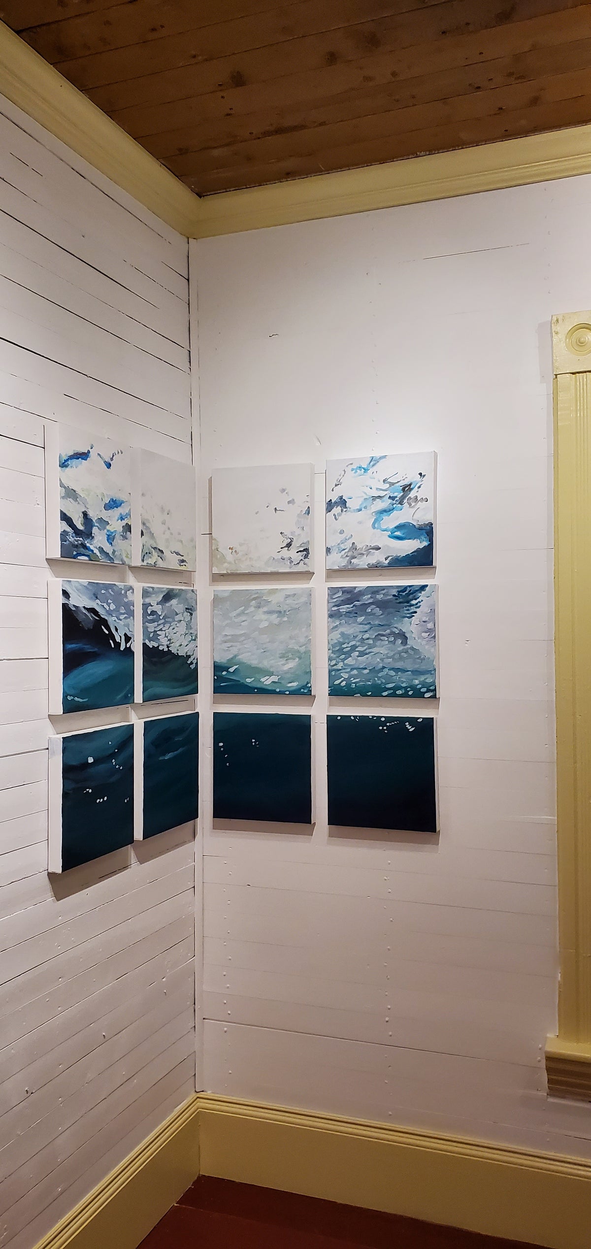 12 paintings hung in grid at a corner of two walls. Oil paint on stretched canvas. © Janet Davis