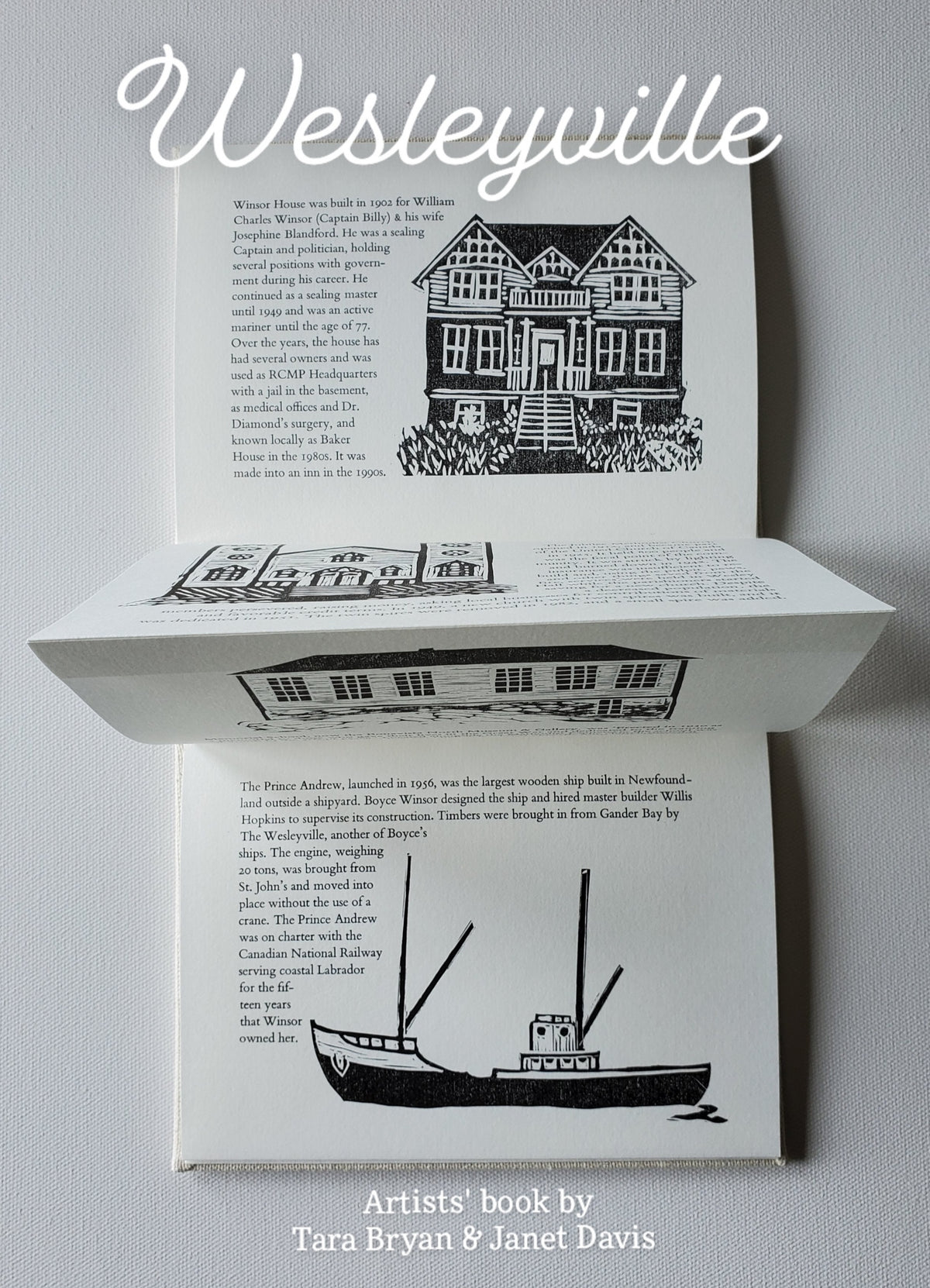 Wesleyville book showing Winsor House, Jubilee United Church, Memorial School, and the MV Prince Andrew
