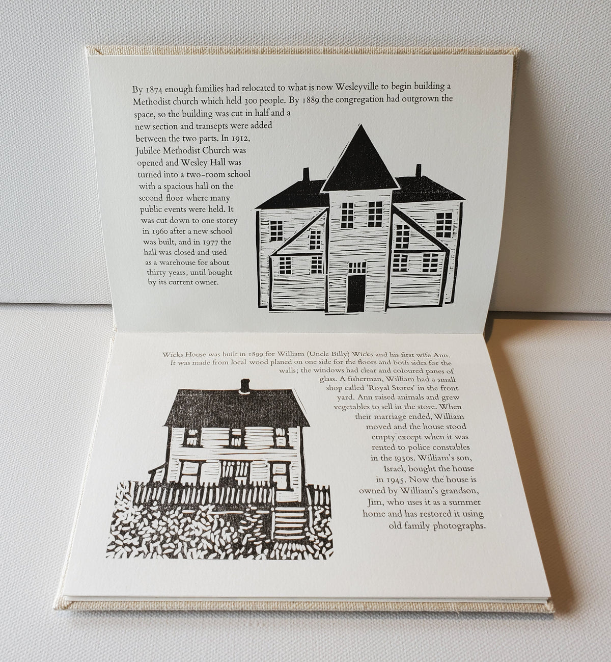 Inside Wesleyville Book showing Wesley Hall and the Wicks House.