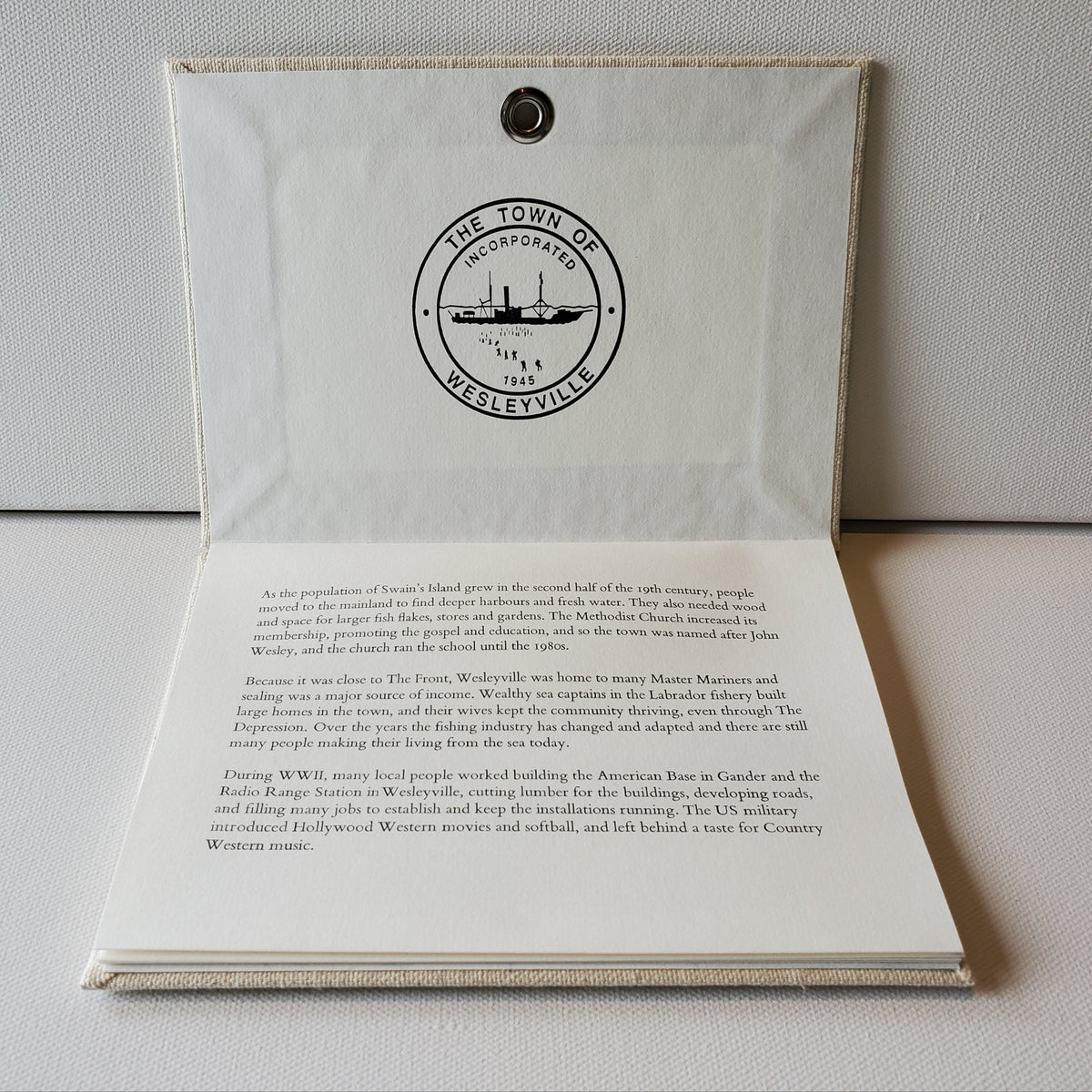 Wesleyville book inside front cover showing Town of Wesleyville seal and 1st page of text