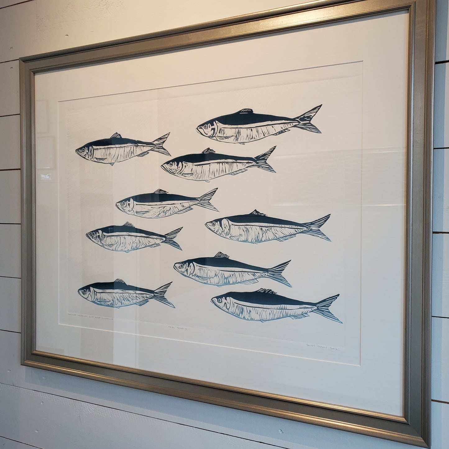 Smudge Herring: Just Keep Swimming (Trial Proof in Green) framed, as seen at Norton's Cove Café.
