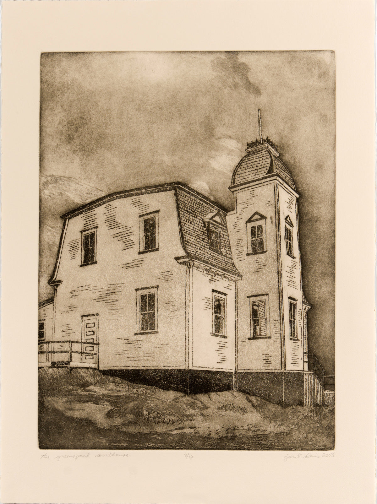 Etching of the Greenspond Courthouse by Janet Davis 2003, sepia ink on buff cotton fibre paper.