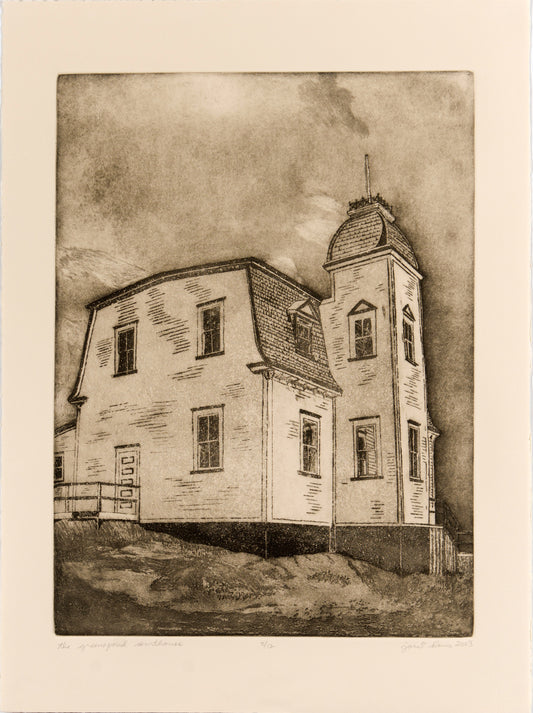 Etching of the Greenspond Courthouse by Janet Davis 2003, sepia ink on buff cotton fibre paper.