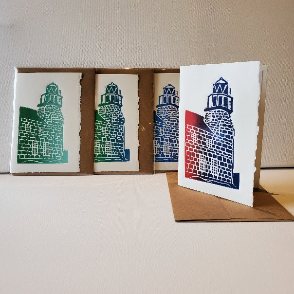 Puffin Island Lighthouse (Greenspond) Norton's Cove Cards shown in ink colours (from left) green, blue-green, blue, red-blue.