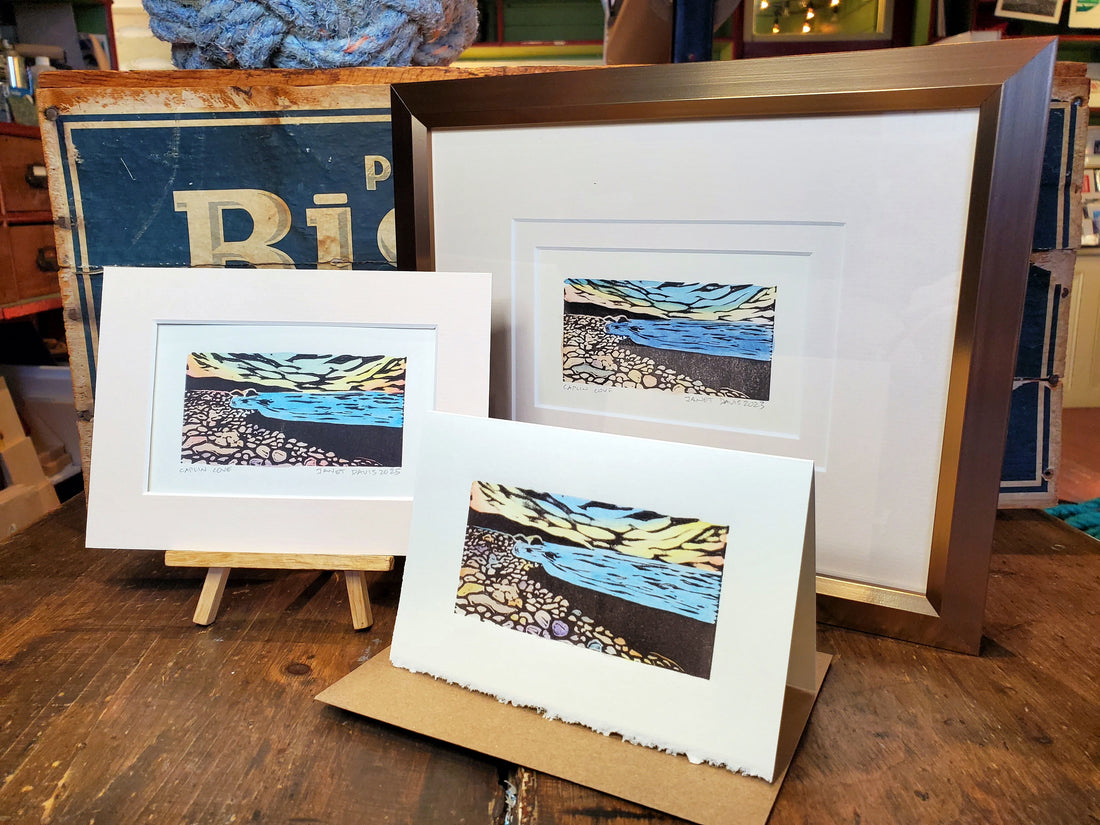 Product photography set-ups today at Norton's Cove Studio: this photo is of the three different versions of the Caplin Cove design: as a Norton's Cove Card, as a Norton's Cove Mini-Print, or as a Framed Norton's Cove Mini-Print.