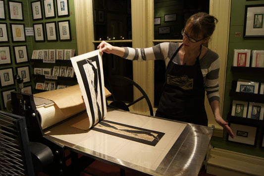 Janet pulls Minke Whale print at Norton's Cove Studio