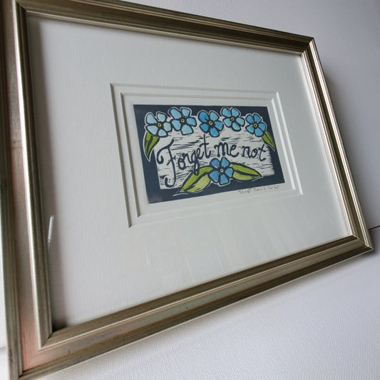 Framed Norton's Cove Mini-Print; Forget-me-not; professional wooden frame with a metallic finish.