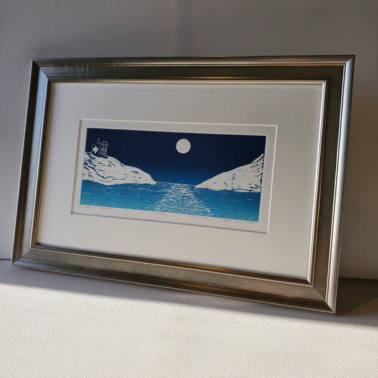 A Week in December original limited edition linocut ©Janet Davis in a wooden frame with metallic finish