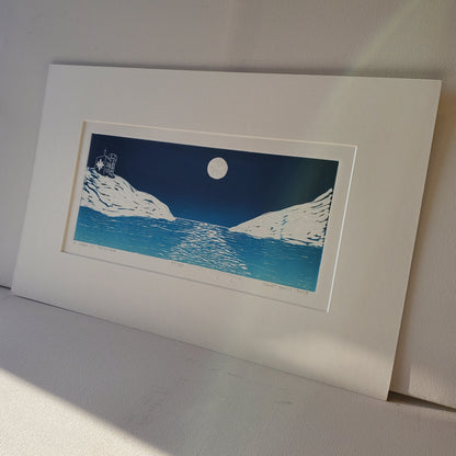 A Week in December © Janet Davis 2018, Blue-White Rainbow Roll, original linocut impression with capelin shop chop
