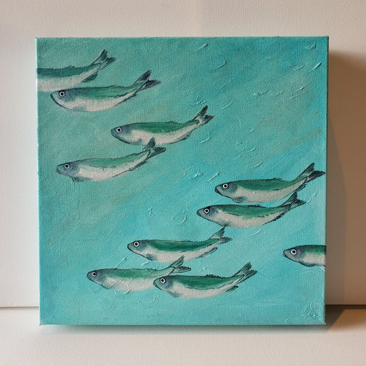 Small herring painted onto a square canvas in a turquoise and green colour scheme.  Serene.