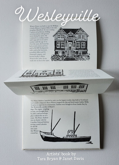 Wesleyville book showing Winsor House, Jubilee United Church, Memorial School, and the MV Prince Andrew