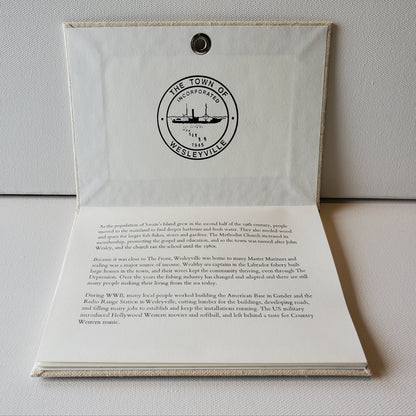 Wesleyville book inside front cover showing Town of Wesleyville seal and 1st page of text