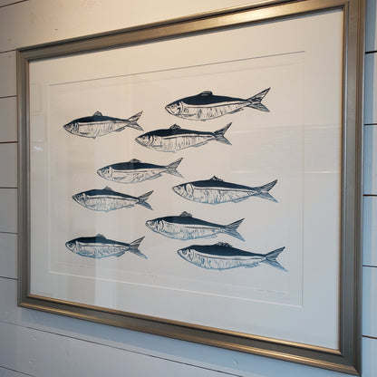 Smudge Herring: Just Keep Swimming (Trial Proof in Green) framed, as seen at Norton's Cove Café.