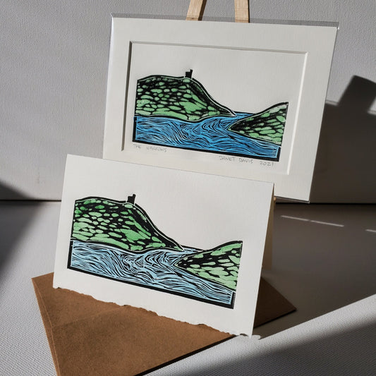 Norton's Cove Card & Norton's Cove Mini-Print formats.  Both are lino-cut prints in black ink watercoloured by hand.