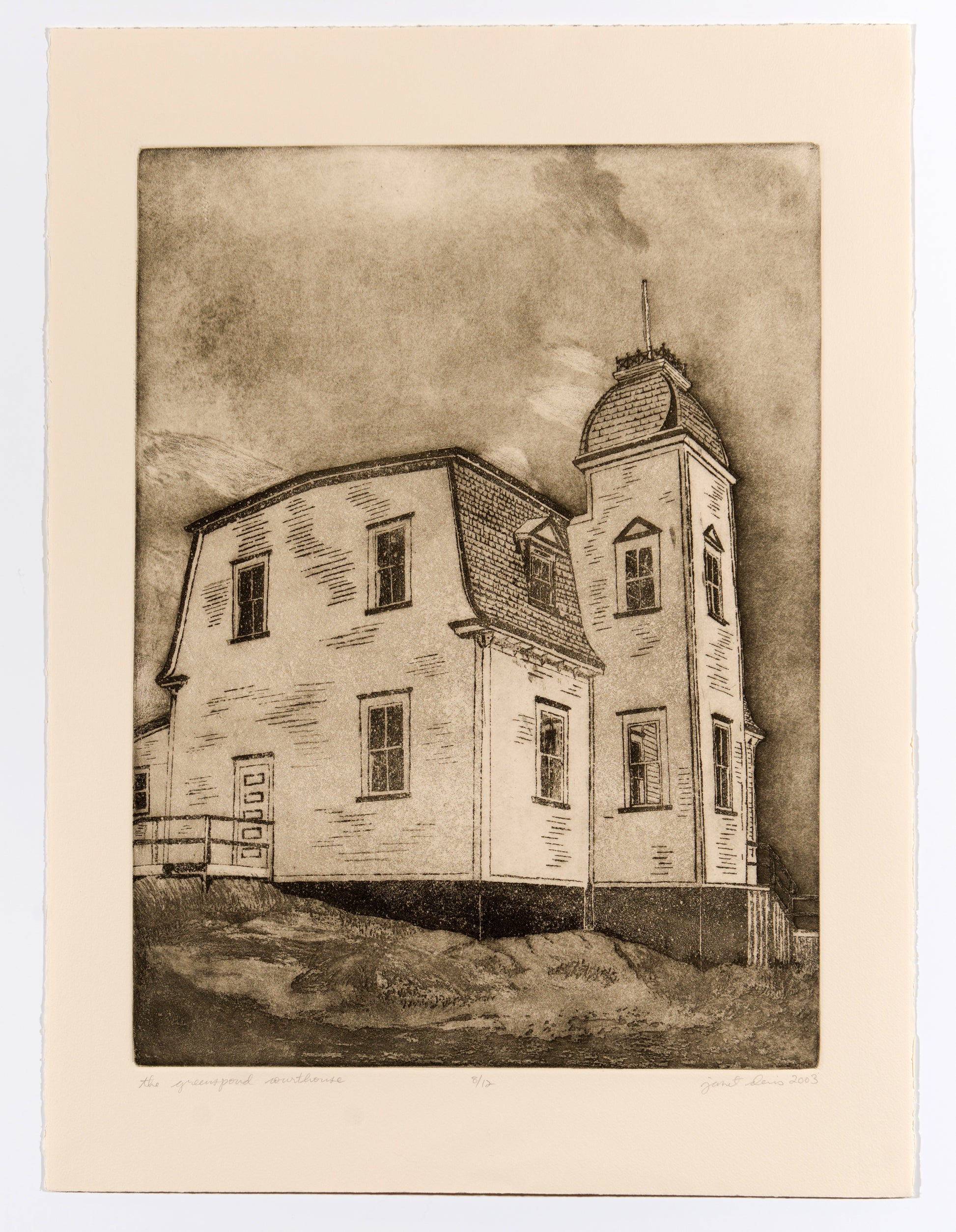 Etching of the Greenspond Courthouse by Janet Davis 2003, sepia ink on buff cotton fibre paper.  