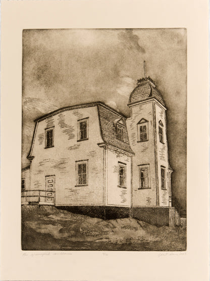 Etching of the Greenspond Courthouse by Janet Davis 2003, sepia ink on buff cotton fibre paper.  