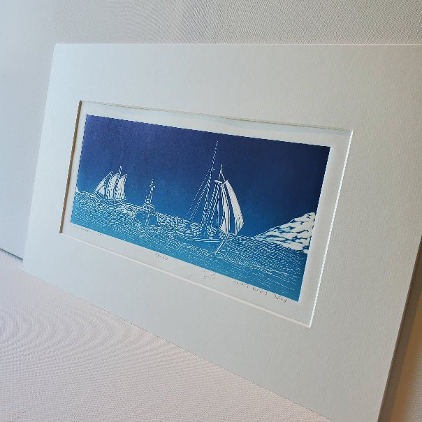 Linocut Print, matted, by Janet Davis 2018, Blue-white rainbow roll