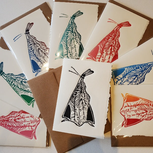 Assorted Salt Fish Norton's Cove Cards shown in ink colours: red, blue-green, red-blue, green, orange, blue, red-yellow, and black