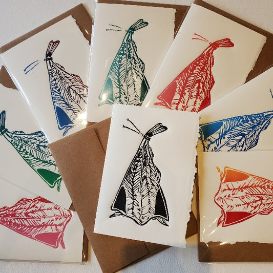 Assorted Salt Fish Norton's Cove Cards shown in ink colours: red, blue-green, red-blue, green, orange, blue, red-yellow, and black