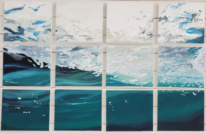 12 canvas panels painted with a single image of the view from the ocean floor on the icy shores of Greenspond, Newfoundland.  Artwork © Janet Susan Davis 2020.