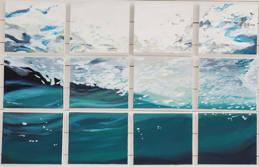 12 canvas panels painted with a single image of the view from the ocean floor on the icy shores of Greenspond, Newfoundland.  Artwork © Janet Susan Davis 2020.
